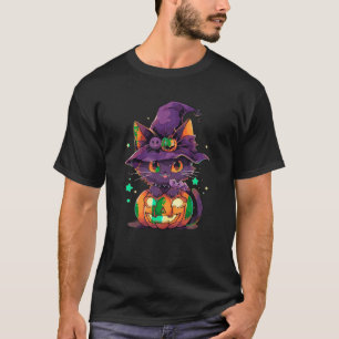 Cute Cat Kitten Witch Hat Jack o Lantern Girls Hal T-Shirt