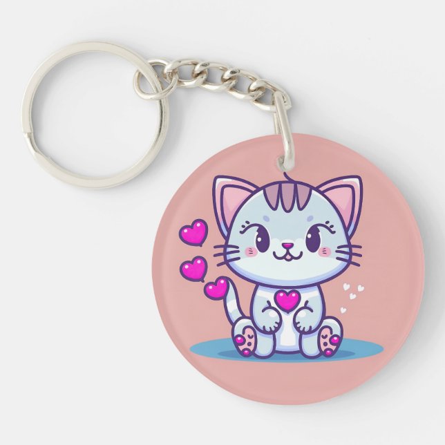 Cute Cat Kitten with Hearts Valentine Inspired | Key Ring (Front)