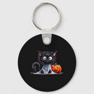 Cute Cat Kitty Ghost Halloween Black Pumpkin Key Ring