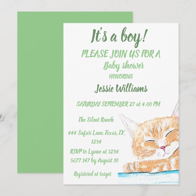 Cute Cat Kitty Kitten animal Baby Boy Green Invitation (Front/Back)