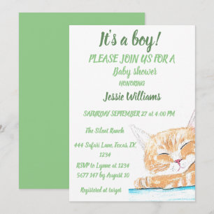 Cute Cat Kitty Kitten animal Baby Boy Green Invitation