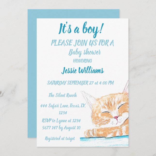 Cute Cat Kitty Kitten Blue animal Baby Boy Invitation (Front/Back)