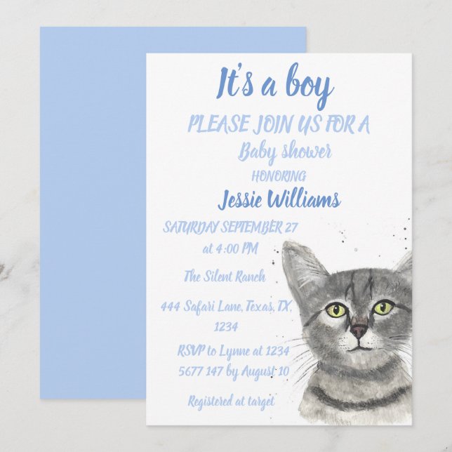 Cute Cat Kitty Kitten Blue Baby boy shower Invitat Invitation (Front/Back)