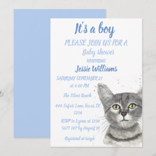 Cute Cat Kitty Kitten Blue Baby boy shower Invitat Invitation
