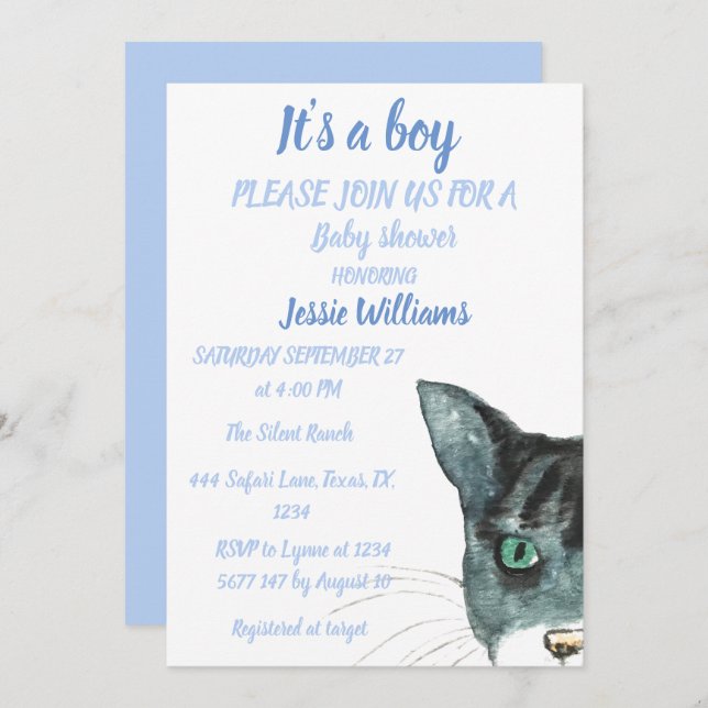 Cute Cat Kitty Kitten Blue Baby boy shower Invitation (Front/Back)