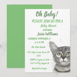 Cute Cat Kitty Kitten Green Baby boy Girl Invitati Invitation