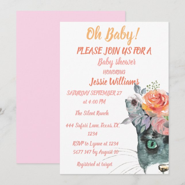 Cute Cat Kitty Kitten Pink Floral Baby Girl Boho  Invitation (Front/Back)