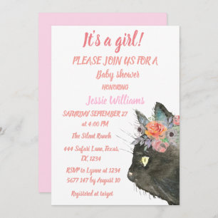 Cute Cat Kitty Kitten Pink Floral Baby Girl Boho Invitation