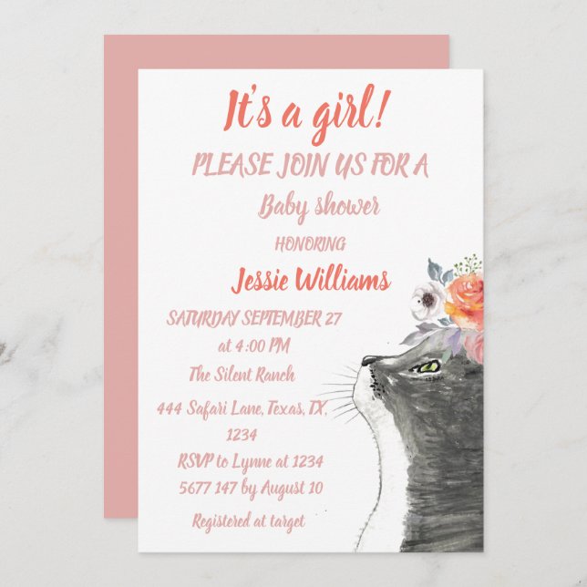 Cute Cat Kitty Kitten Pink Girl Baby Shower  Invit Invitation (Front/Back)