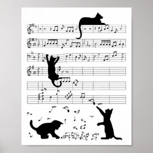 Cute Cat Kitty Playing Music Note Clef Musician Ar Poster