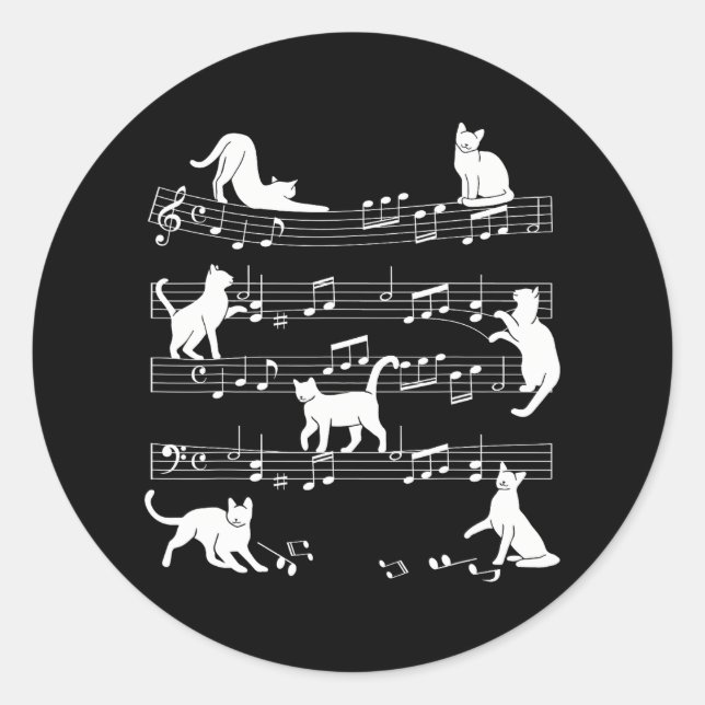 Cute Cat Kitty Playing Music Note Clef Musician Classic Round Sticker (Front)
