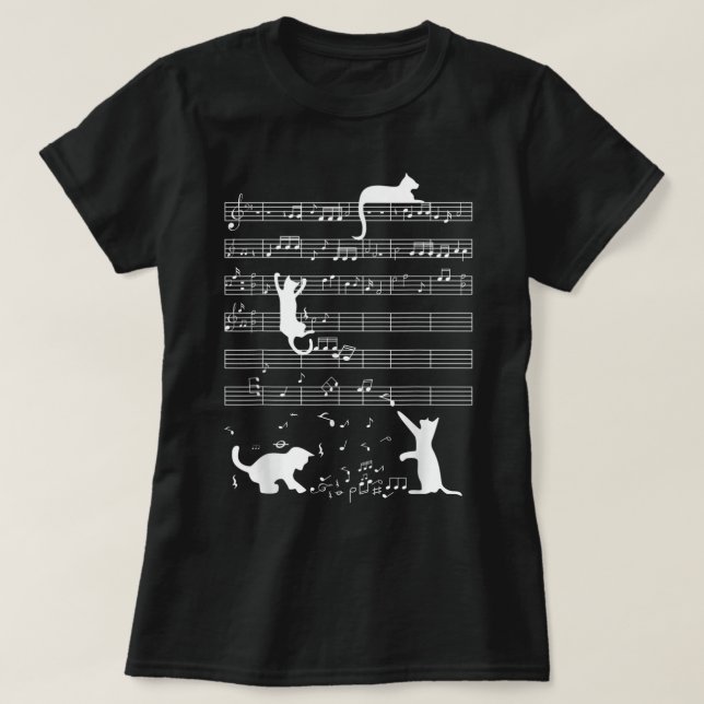 Cute Cat Kitty Playing Music Note Funny Clef Music T-Shirt (Design Front)