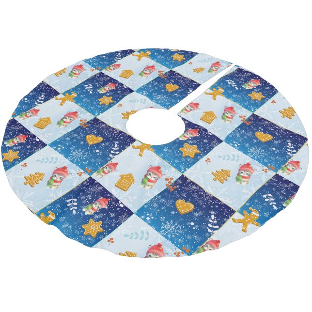 Cute Cat kitty Santa Gingerbread Xmas tree Pattern Brushed Polyester Tree Skirt (Angled)