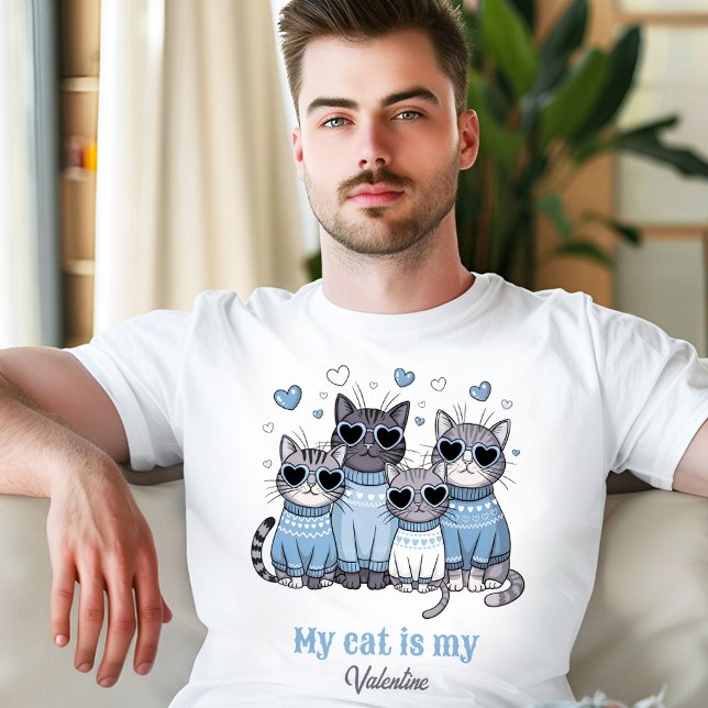Cute Cat Kitty Valentine Blue Men's Custom Name T-Shirt (Cute Cat Kitty Valentine Blue Men's Custom Name T-Shirt)