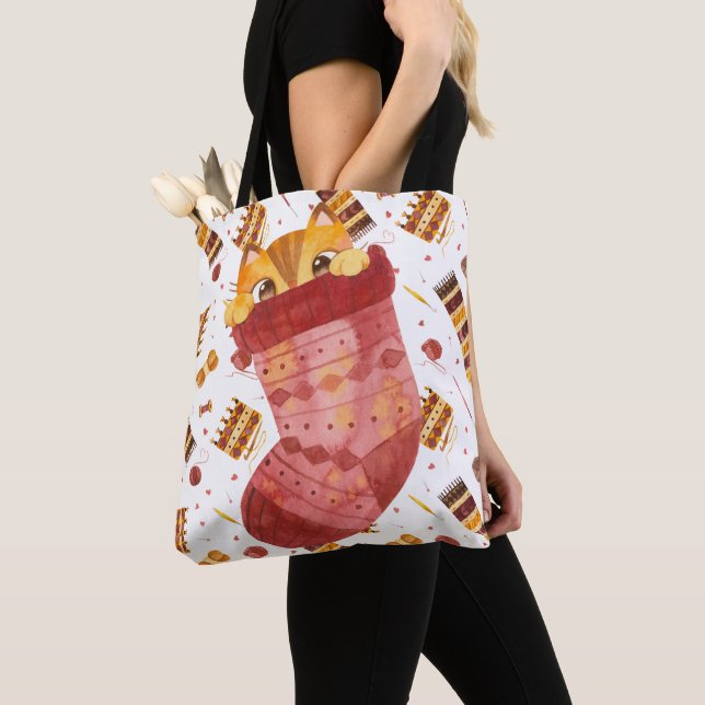Cute Cat Knitting Projects Tote Bag (Close Up)