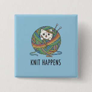 Cute Cat Knitting Supplies Rainbow Illustration 15 Cm Square Badge