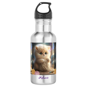 Cute Cat Knitting with Yarn Personalized Name 532 Ml Water Bottle