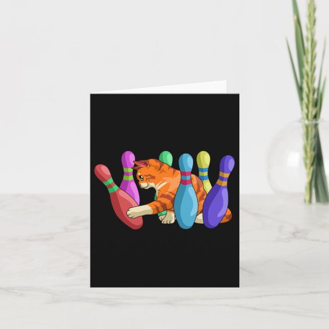 Cute Cat Knocking Over Bowling Pins Kitty Bowlers  Card (Front)