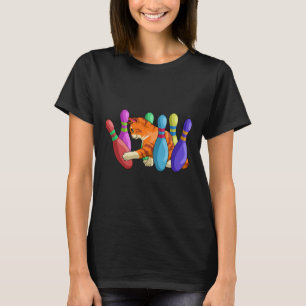 Cute Cat Knocking Over Bowling Pins Kitty Bowlers  T-Shirt