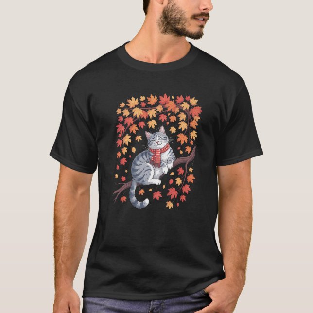 Cute Cat Leaf Fall Tree Hello Autumn Women Men Tha T-Shirt (Front)