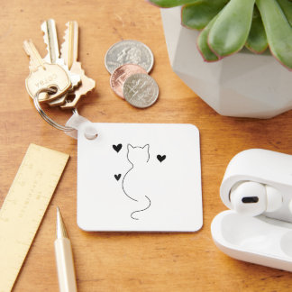 Cute cat line drawing, with three hearts key ring