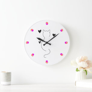 Cute cat line drawing, with three hearts large clock