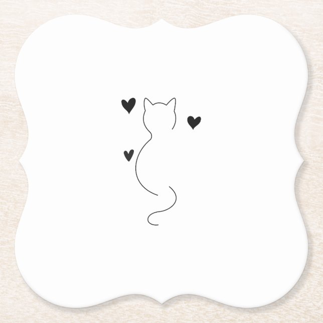 Cute cat line drawing, with three hearts paper coaster (Front)