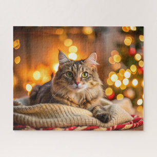 Cute cat lounging on a cosy Christmas blanket Jigsaw Puzzle