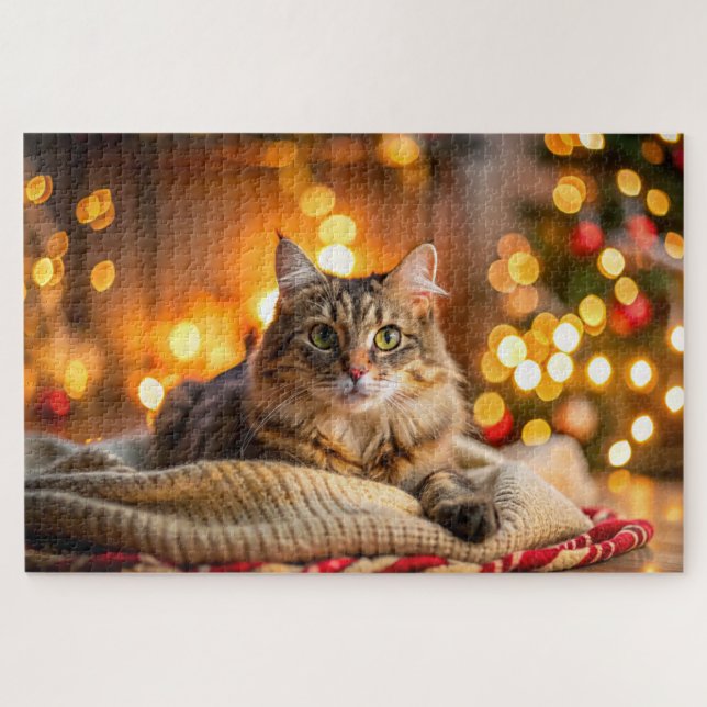Cute cat lounging on a cosy Christmas blanket Jigsaw Puzzle (Horizontal)