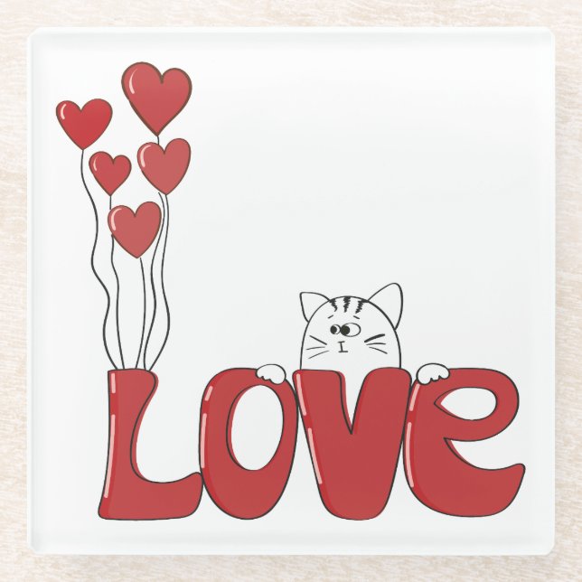 Cute Cat Love Typography Red Hearts | Valentine Glass Coaster (Front)