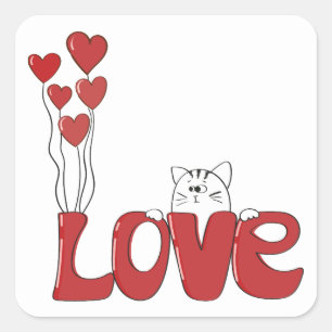Cute Cat Love Typography Red Hearts   Valentine Square Sticker