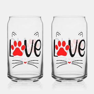 Cute Cat LOVE Typography with Red Paw Can Glass