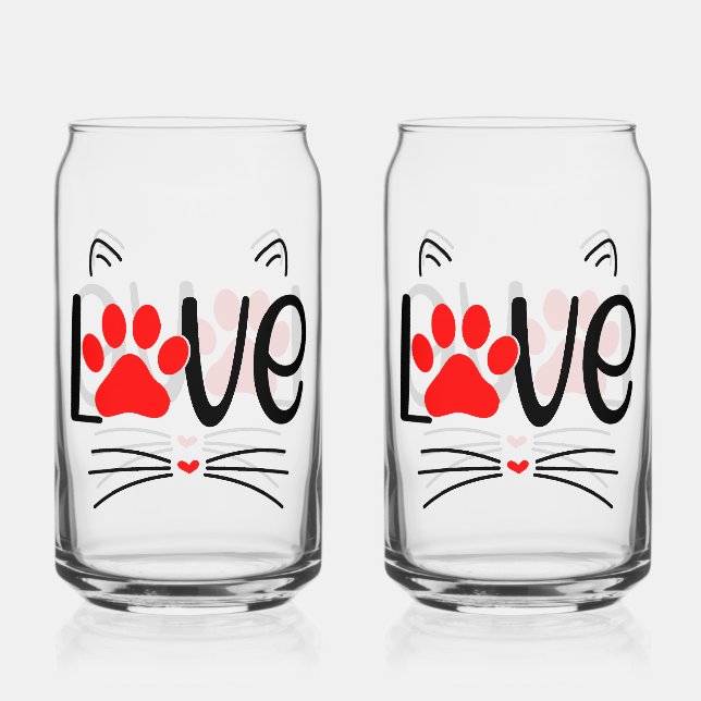 Cute Cat LOVE Typography with Red Paw Can Glass (Front)