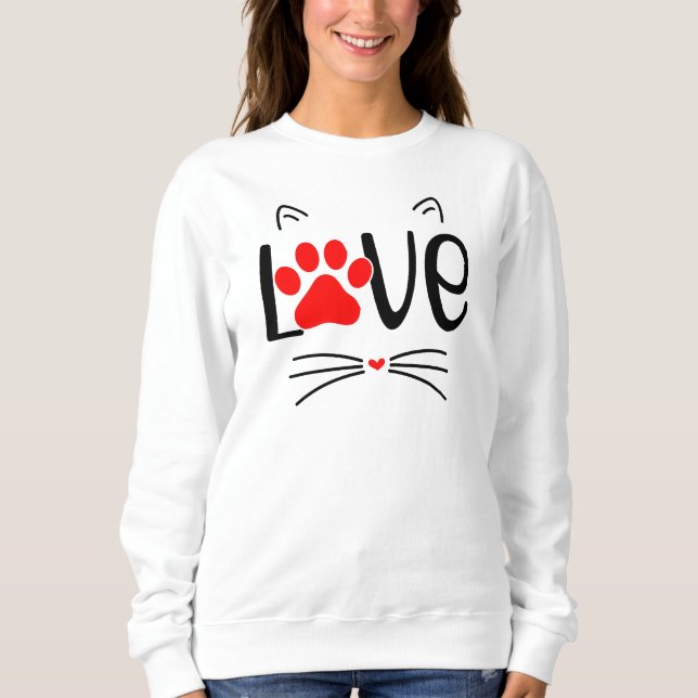 Cute Cat LOVE Typography with Red Paw Sweatshirt (Front)