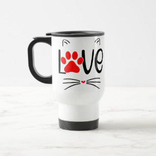 Cute Cat LOVE Typography with Red Paw Travel Mug