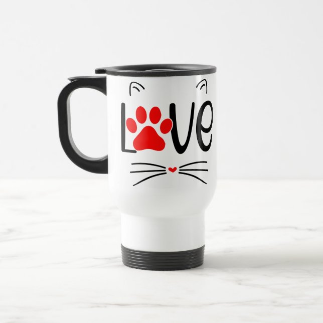 Cute Cat LOVE Typography with Red Paw Travel Mug (Left)