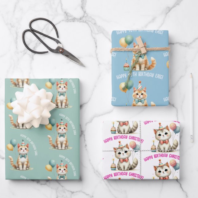 cute cat lover birthday celebration gift wrapping paper sheet (Front)