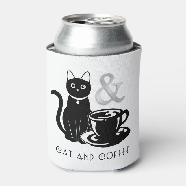 Cute Cat Lover Coffee Lover Black and White Can Cooler (Can Front)