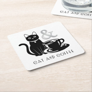 Cute Cat Lover Coffee Lover Black and White Square Paper Coaster