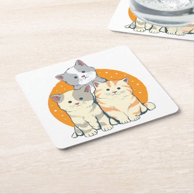 Cute Cat Lover Gift Kittens Kitty Grey Orange Cats Square Paper Coaster (Angled)