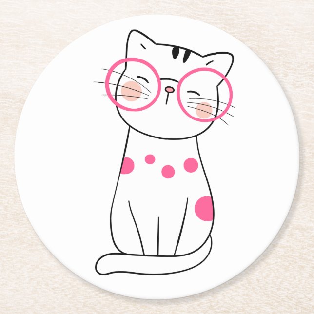 Cute Cat Lover Gift Pink Glasses Kitten Nerd Kitty Round Paper Coaster (Front)