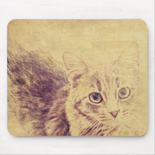 Cute cat lover pencil sketch grey tabby cat mouse mat