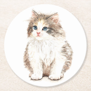 Cute Cat Lover Watercolor Kitten Kitty Mum Feline Round Paper Coaster
