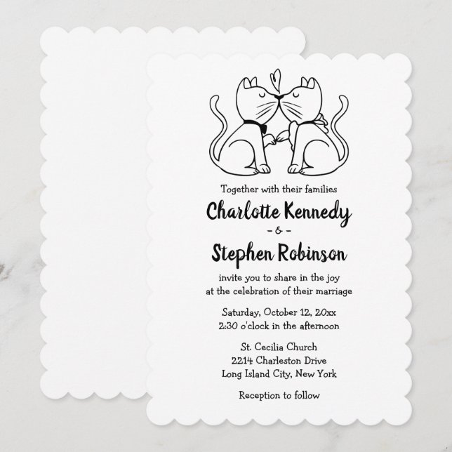 Cute Cat Lover Wedding Black White Modern Kittens Invitation (Front/Back)