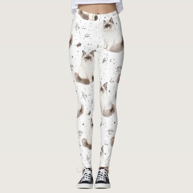 Cute Cat Lovers Gift Watercolor Ragdoll Cat  Leggings (Front)