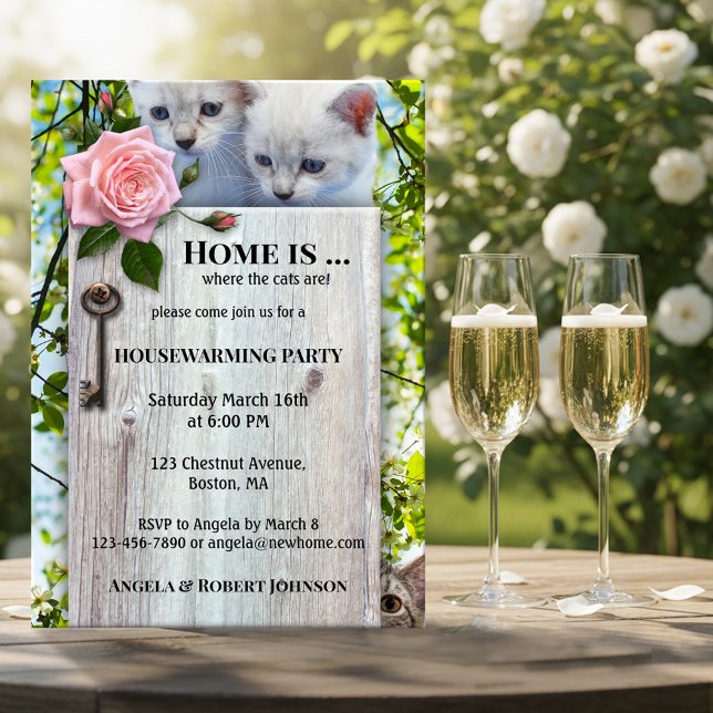 Cute Cat Lovers Housewarming Invitation (Housewarming invitation featuring two cute kitties on a rustic wood board with key with pink rose)
