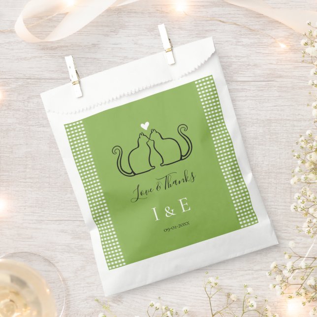 Cute Cat Lovers Lime Green Gingham Wedding Favour Bags (Clipped)