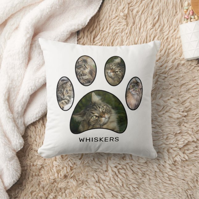 Cute Cat Lovers Paw Print Name Photo Collage Cushion (Blanket)