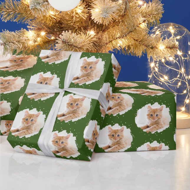 Cute Cat Lovers Personalised Photo Pattern Green Wrapping Paper (Holidays)