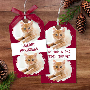 Cute Cat Lovers Personalised Photo Pattern Red Gift Tags